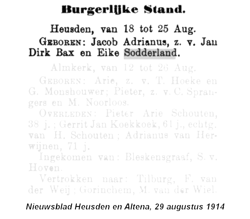 1914 BS geb ber Jacob A zv D Bax - E Sodderland